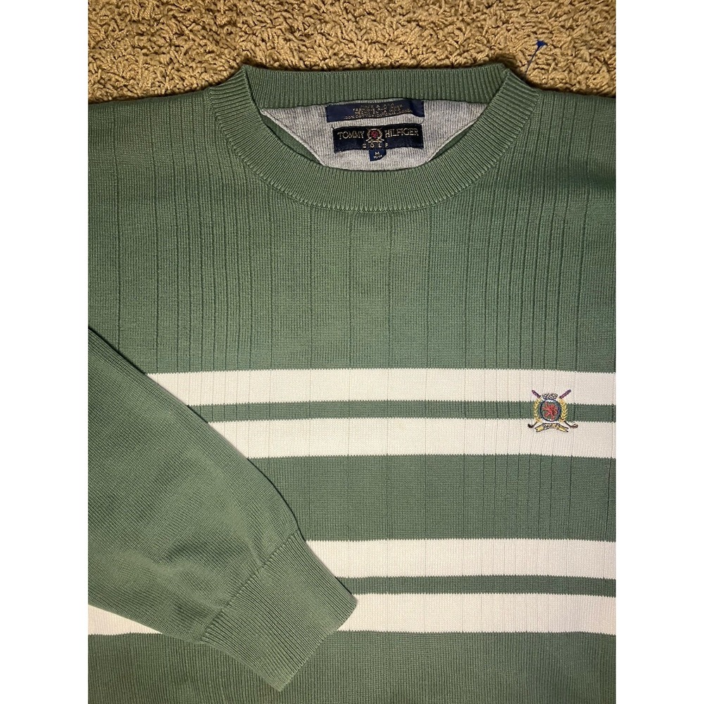 Vtg‎ Preppy Tommy Hilfiger Golf Green And White Striped Knit Crewneck Sz M